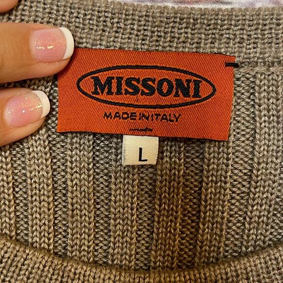 Missoni Chunky Ribbed Tan Wool Blend Wing Flap Italian Top Shirt Size Large - Picture 5 of 7